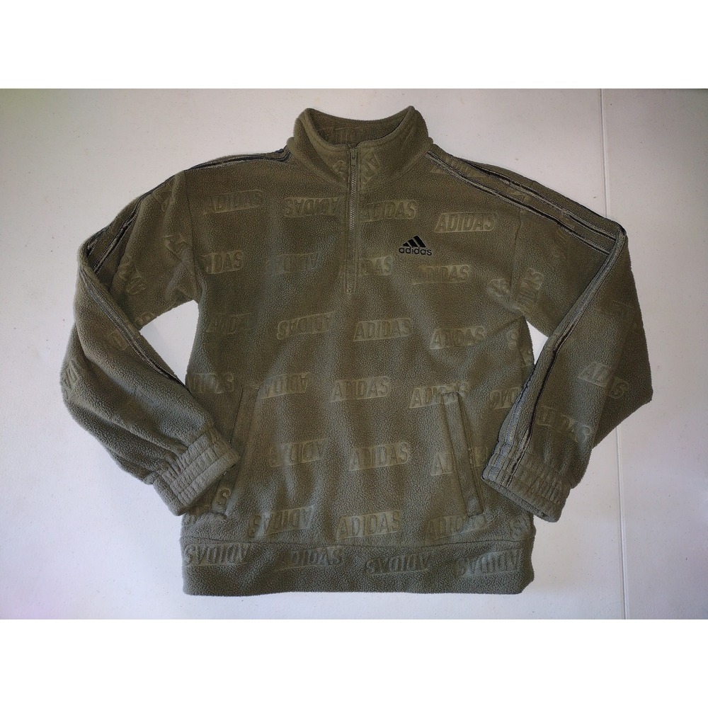 Adidas Kids Olive Green Fleece Pullover Sweatshirt All Over Logo - Picture 1 of 5